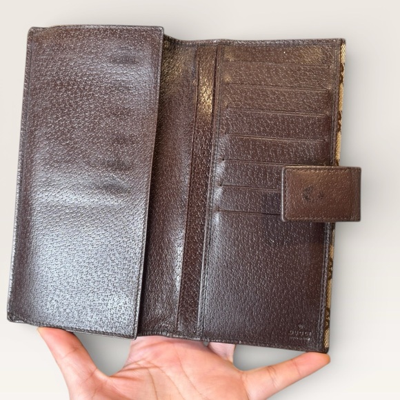 Gucci GG Canvas Continental Long Wallet Beige Brown Leather Trim Snap Closure - Picture 6 of 8